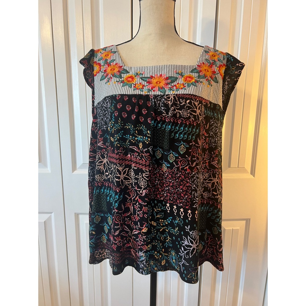 Savanna Jane Women 2X Black Floral Embroidered Boho Sleeveless Blouse P18447